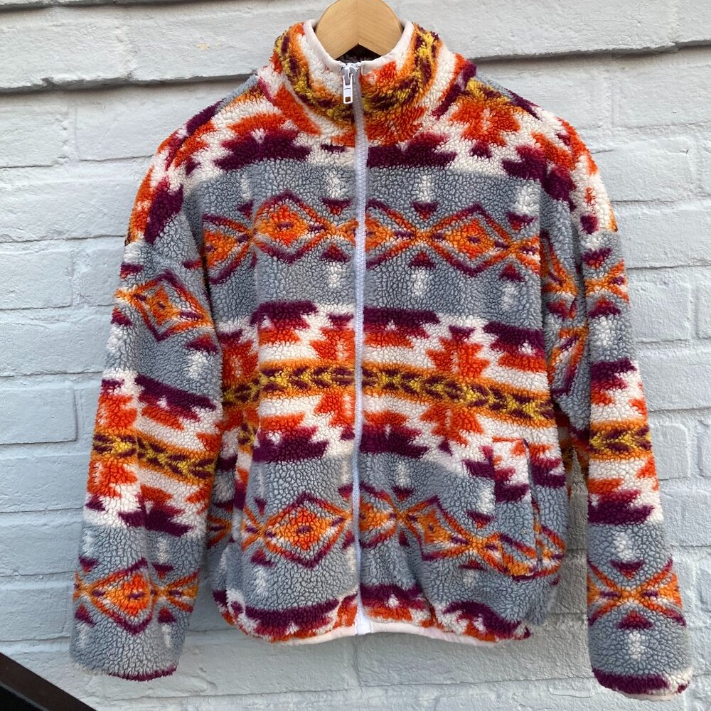 Vibrant Aztec/Tribal Fleece Sherpa Full Zip, High Neck Jacket